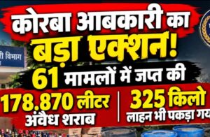 आबकारी विभाग की बड़ी कार्रवाई: 61 प्रकरणों में 178.870 लीटर अवैध शराब और 325 किलो लाहन जब्त।
